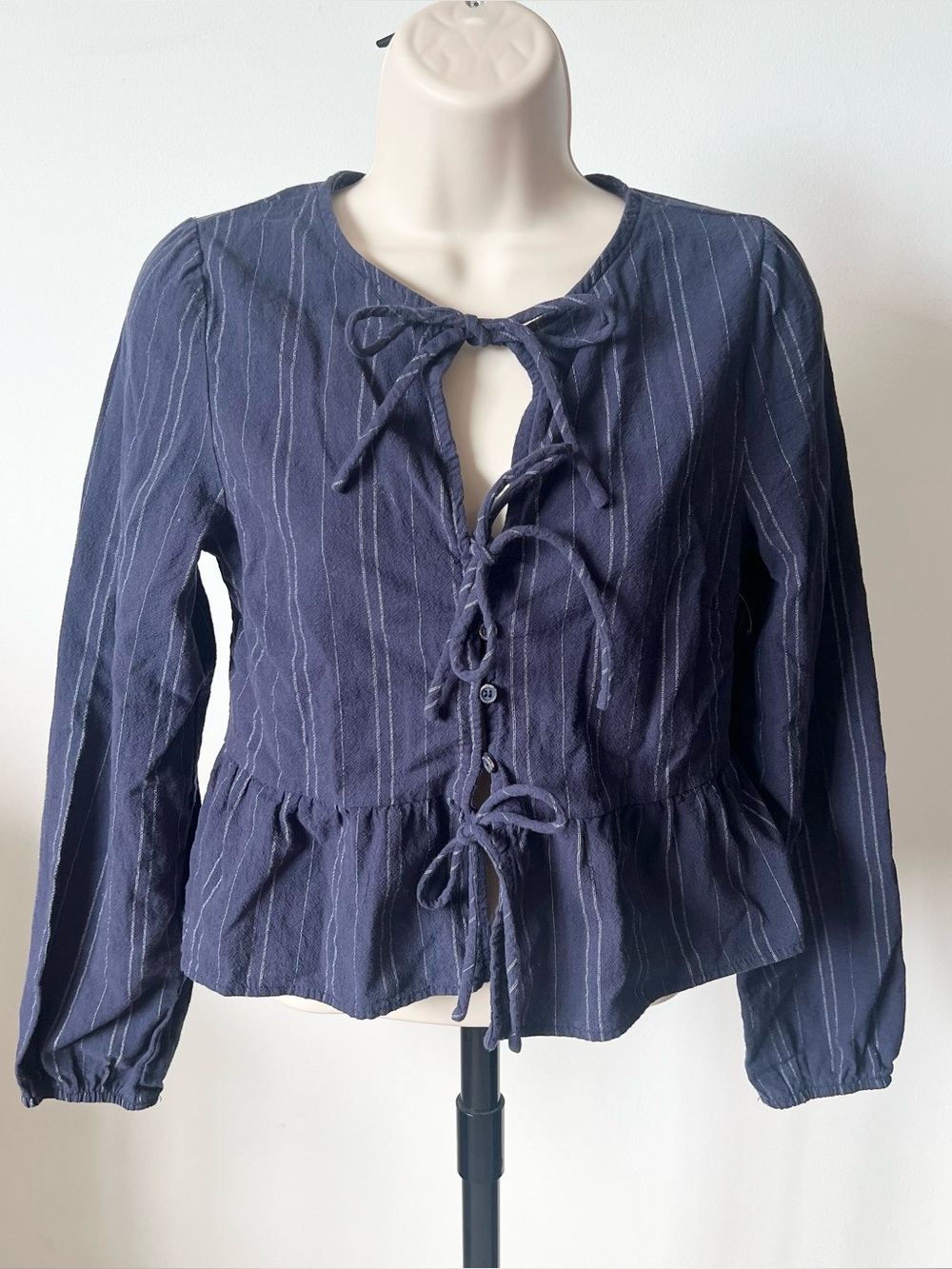 Kirious Navy Tie-Front Peplum Blouse Striped Cotton Size S